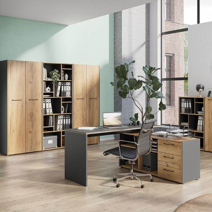 Bureau d'angle contemporain avec rangement chêne et graphite